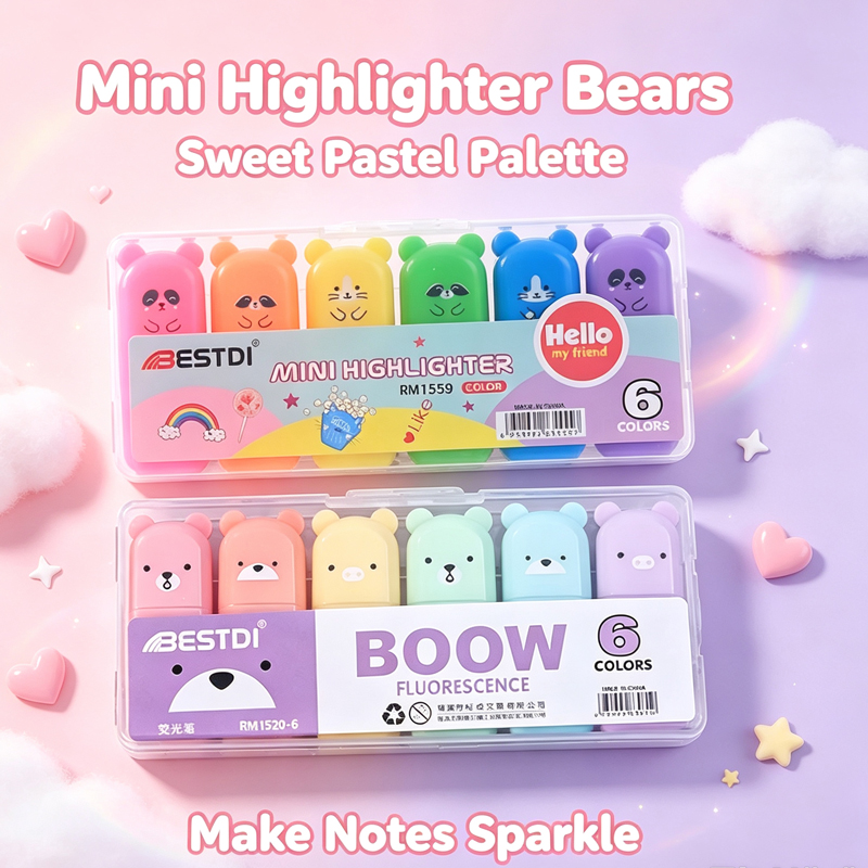 Pastel Highlighter Set Double Ended - Ensemble de stylos surligneurs Kawaii Bear,